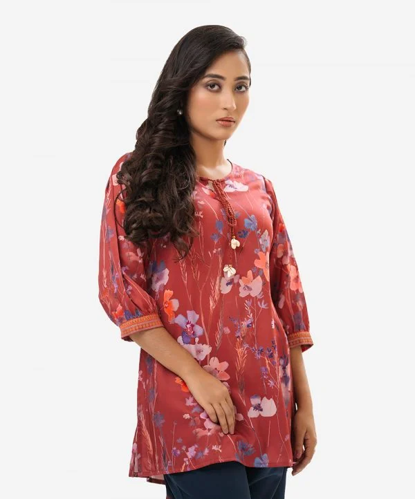 56932d74-28c9-4ebf-9873-0cc280e17ede-600x722 Red Satin Georgette Short Tunic - Image 1